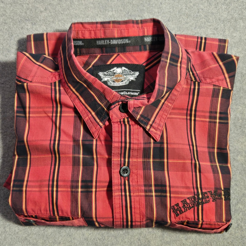 Harley-Davidson Mens Plaid Short‎ Sleeve Button Up Shirt Red Black  Large - Picture 9 of 9